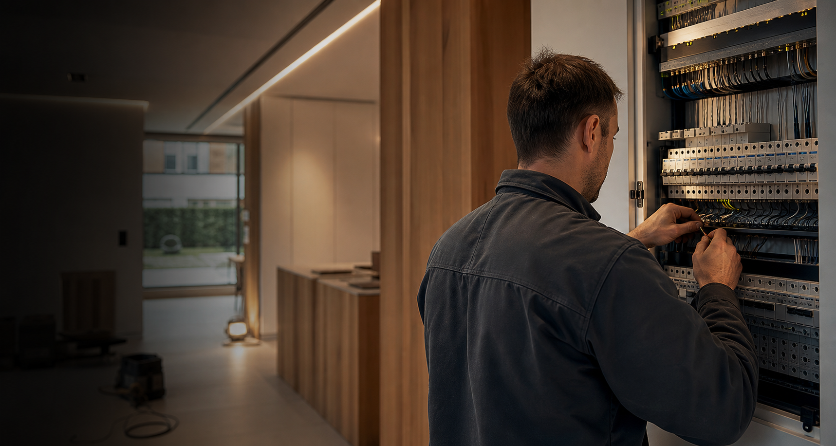Elektricien werkt nauwkeurig aan een moderne verdeelkast